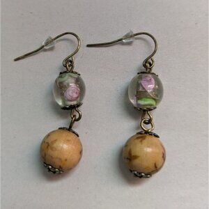 Vintage glass rose and wooded Earrings